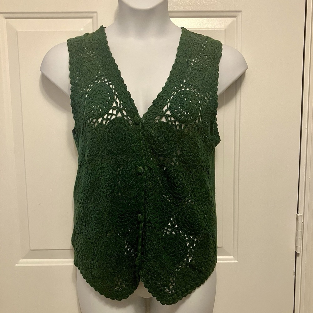 Passports of Pier 1 Imports Medium Vintage Green Sweater Vest Boho Button Up - Picture 2 of 6
